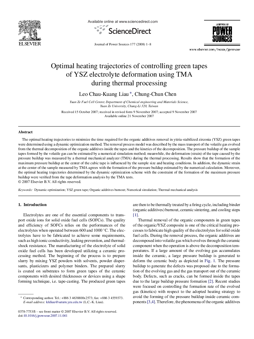 Optimal heating trajectories of controlling green tapes of YSZ electrolyte deformation using TMA during thermal processing