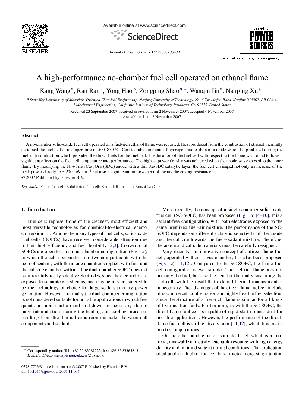 عکس صفحه اول مقاله: A high-performance no-chamber fuel cell operated on ethanol flame A high-performance no-chamber fuel cell operated on ethanol flame