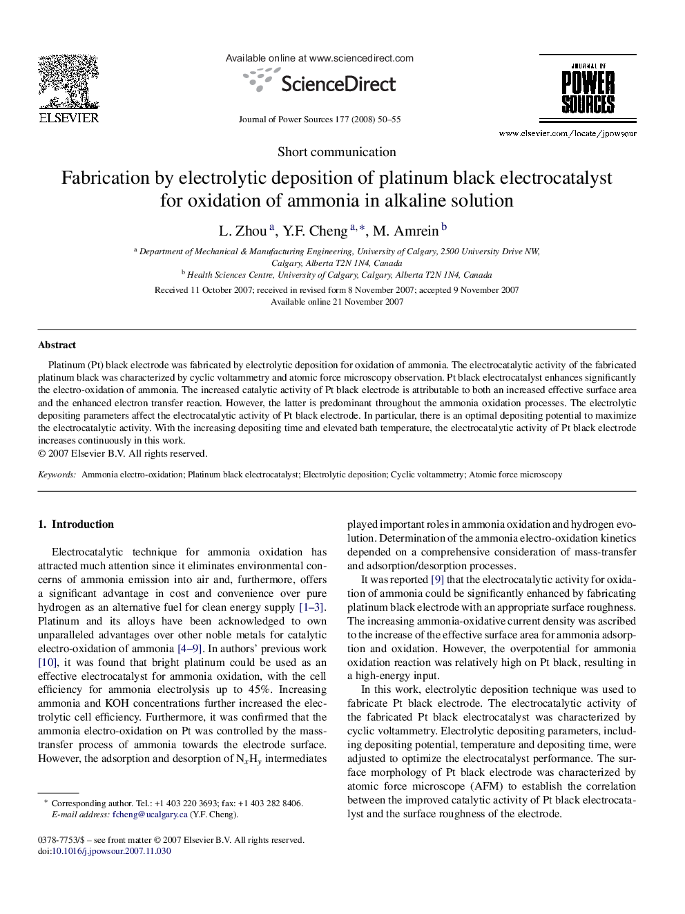 Fabrication by electrolytic deposition of platinum black electrocatalyst for oxidation of ammonia in alkaline solution