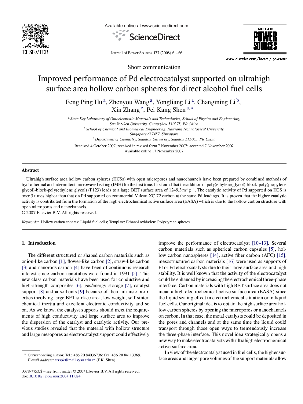 Improved performance of Pd electrocatalyst supported on ultrahigh surface area hollow carbon spheres for direct alcohol fuel cells