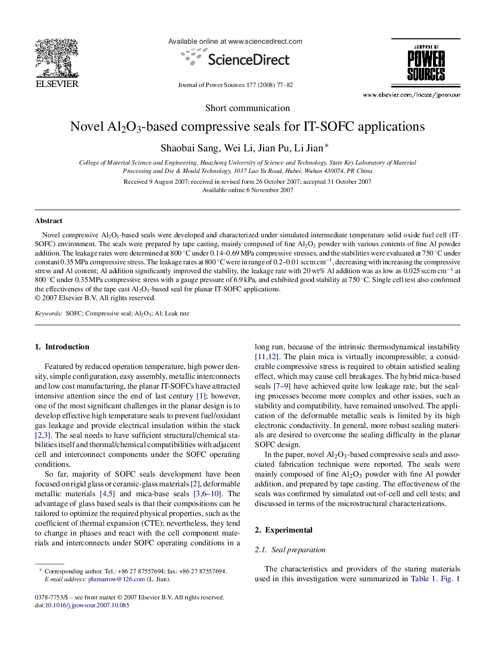 Novel Al2O3-based compressive seals for IT-SOFC applications