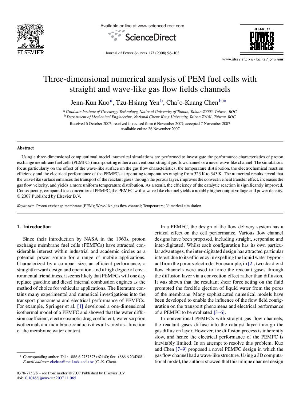 Three-dimensional numerical analysis of PEM fuel cells with straight and wave-like gas flow fields channels