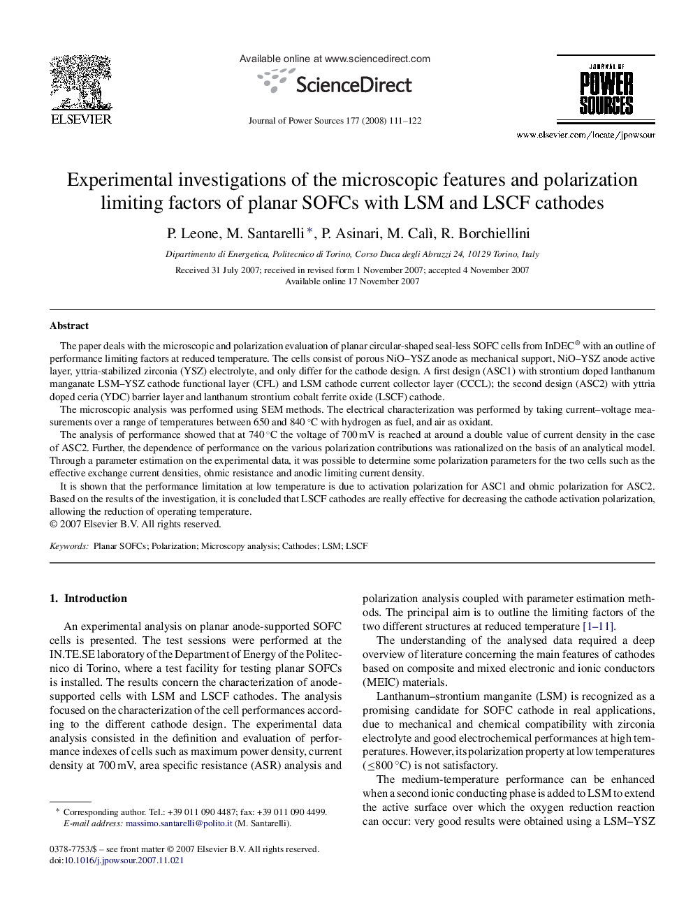عکس صفحه اول مقاله: Experimental investigations of the microscopic features and polarization limiting factors of planar SOFCs with LSM and LSCF cathodes Experimental investigations of the microscopic features and polarization limiting factors of planar SOFCs with LSM and LSCF cathodes
