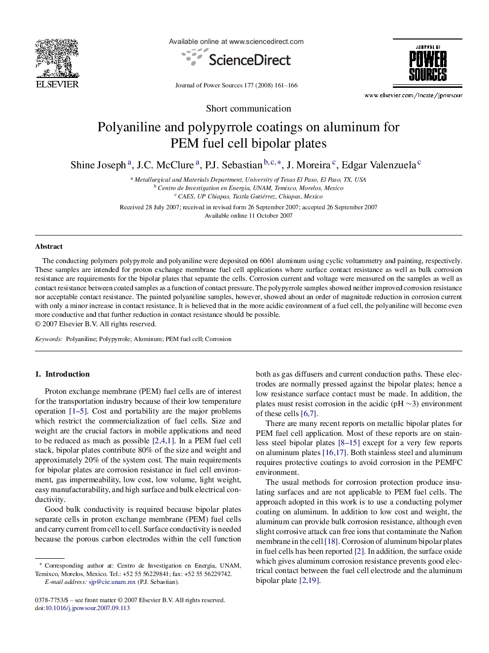 Polyaniline and polypyrrole coatings on aluminum for PEM fuel cell bipolar plates