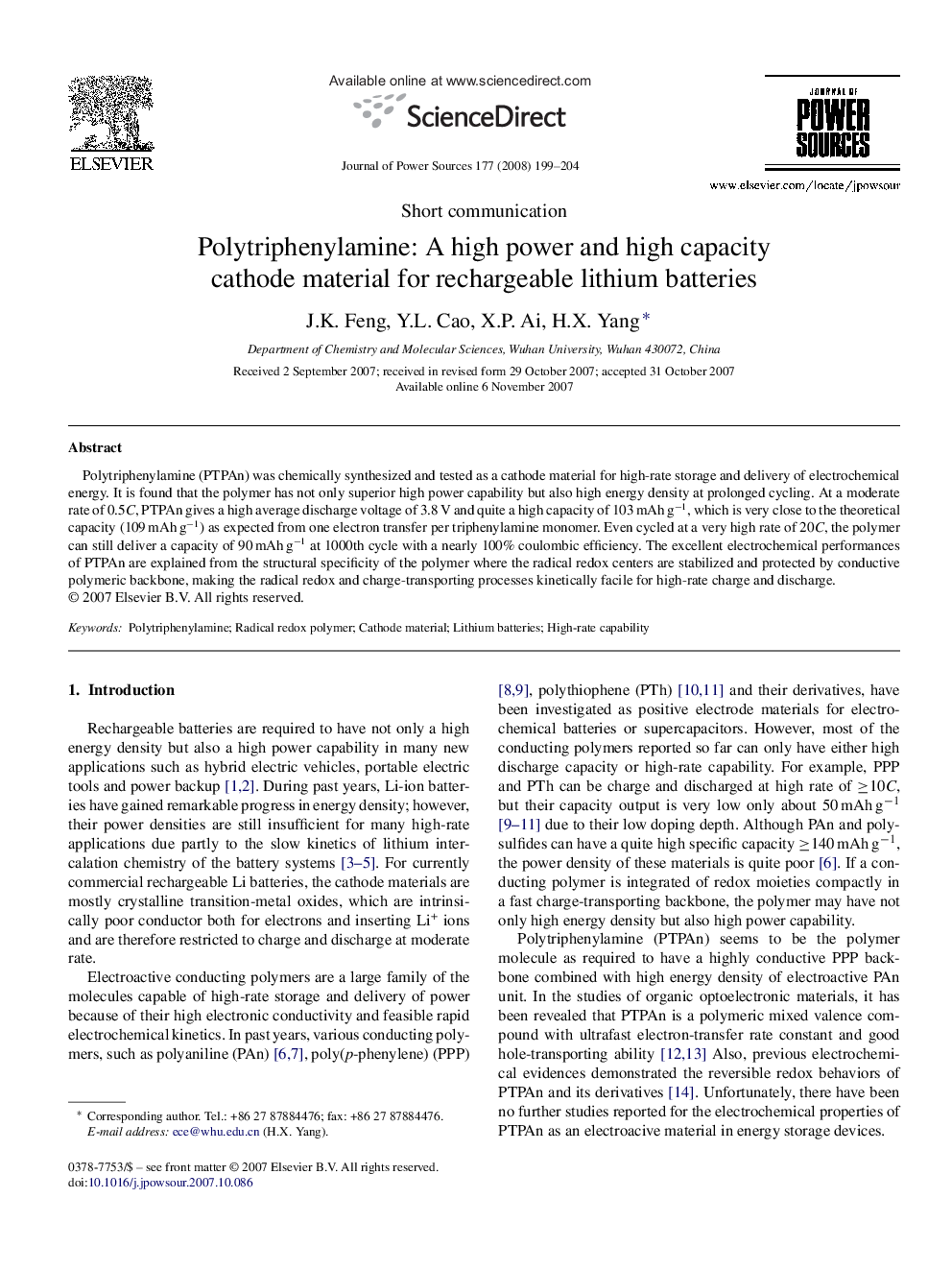 Polytriphenylamine: A high power and high capacity cathode material for rechargeable lithium batteries