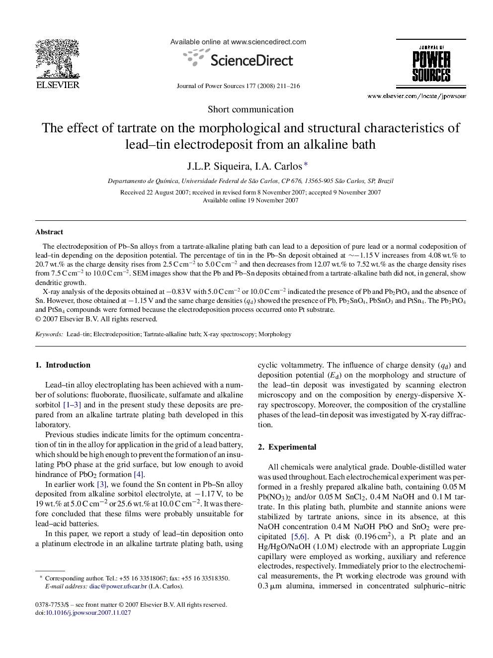 The effect of tartrate on the morphological and structural characteristics of lead–tin electrodeposit from an alkaline bath