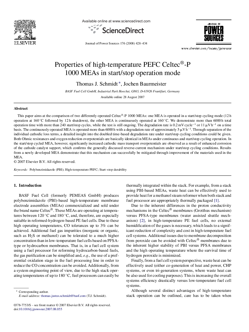 Properties of high-temperature PEFC Celtec®-P 1000 MEAs in start/stop operation mode