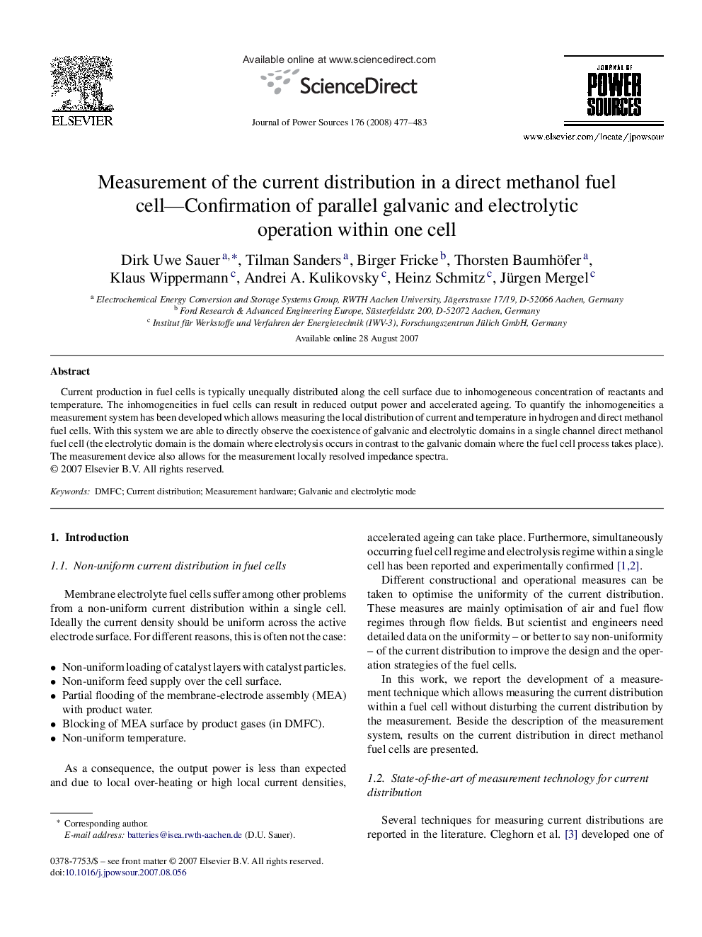 Measurement of the current distribution in a direct methanol fuel cell—Confirmation of parallel galvanic and electrolytic operation within one cell