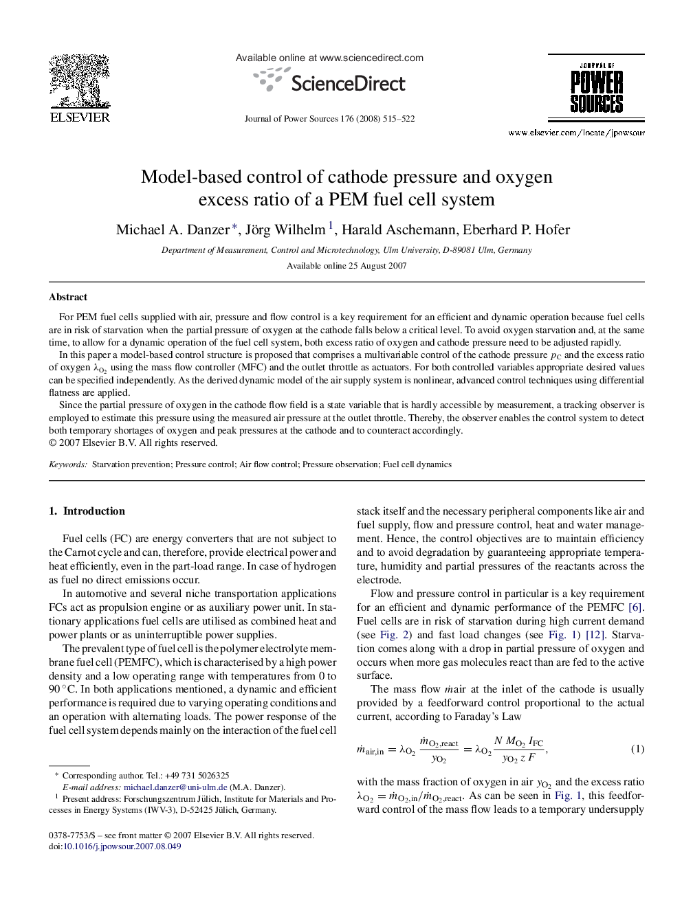 Model-based control of cathode pressure and oxygen excess ratio of a PEM fuel cell system