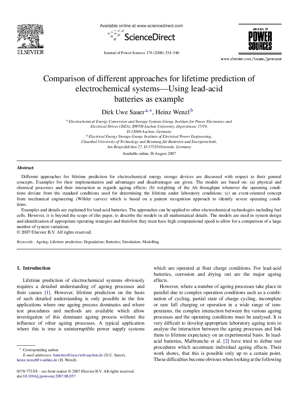 Comparison of different approaches for lifetime prediction of electrochemical systems—Using lead-acid batteries as example