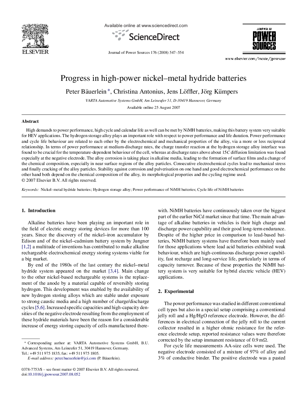 Progress in high-power nickel–metal hydride batteries