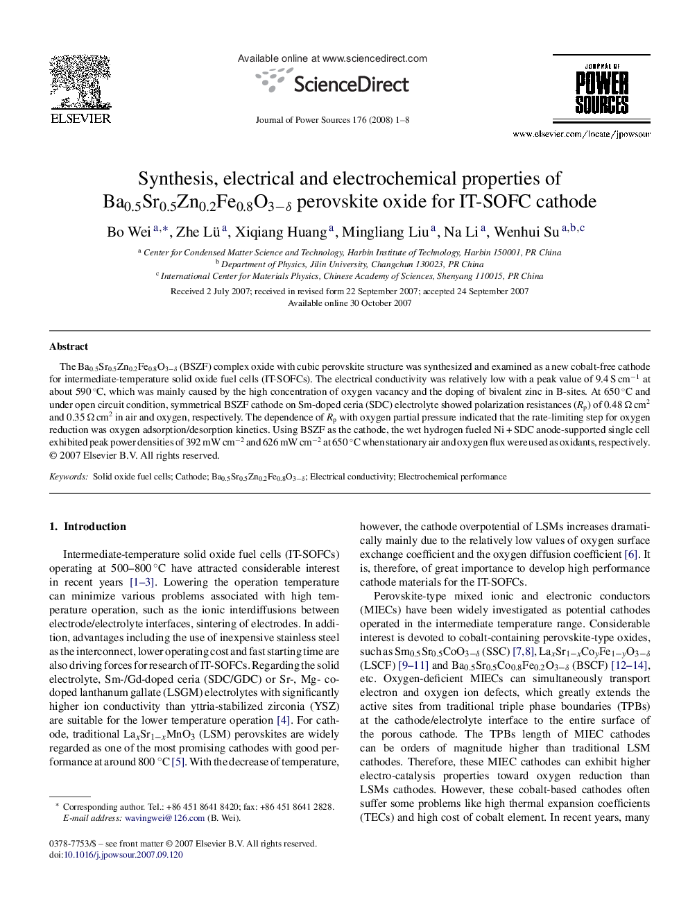 Synthesis, electrical and electrochemical properties of Ba0.5Sr0.5Zn0.2Fe0.8O3−δ perovskite oxide for IT-SOFC cathode