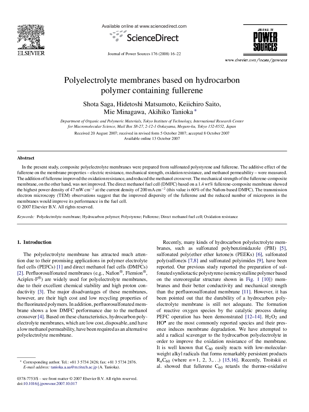 Polyelectrolyte membranes based on hydrocarbon polymer containing fullerene