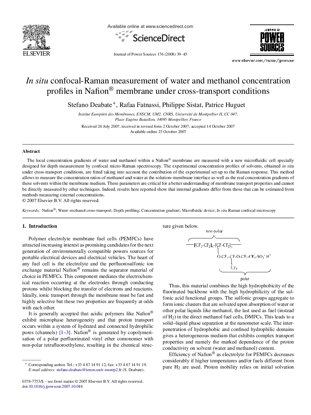 In situ confocal-Raman measurement of water and methanol concentration profiles in Nafion® membrane under cross-transport conditions