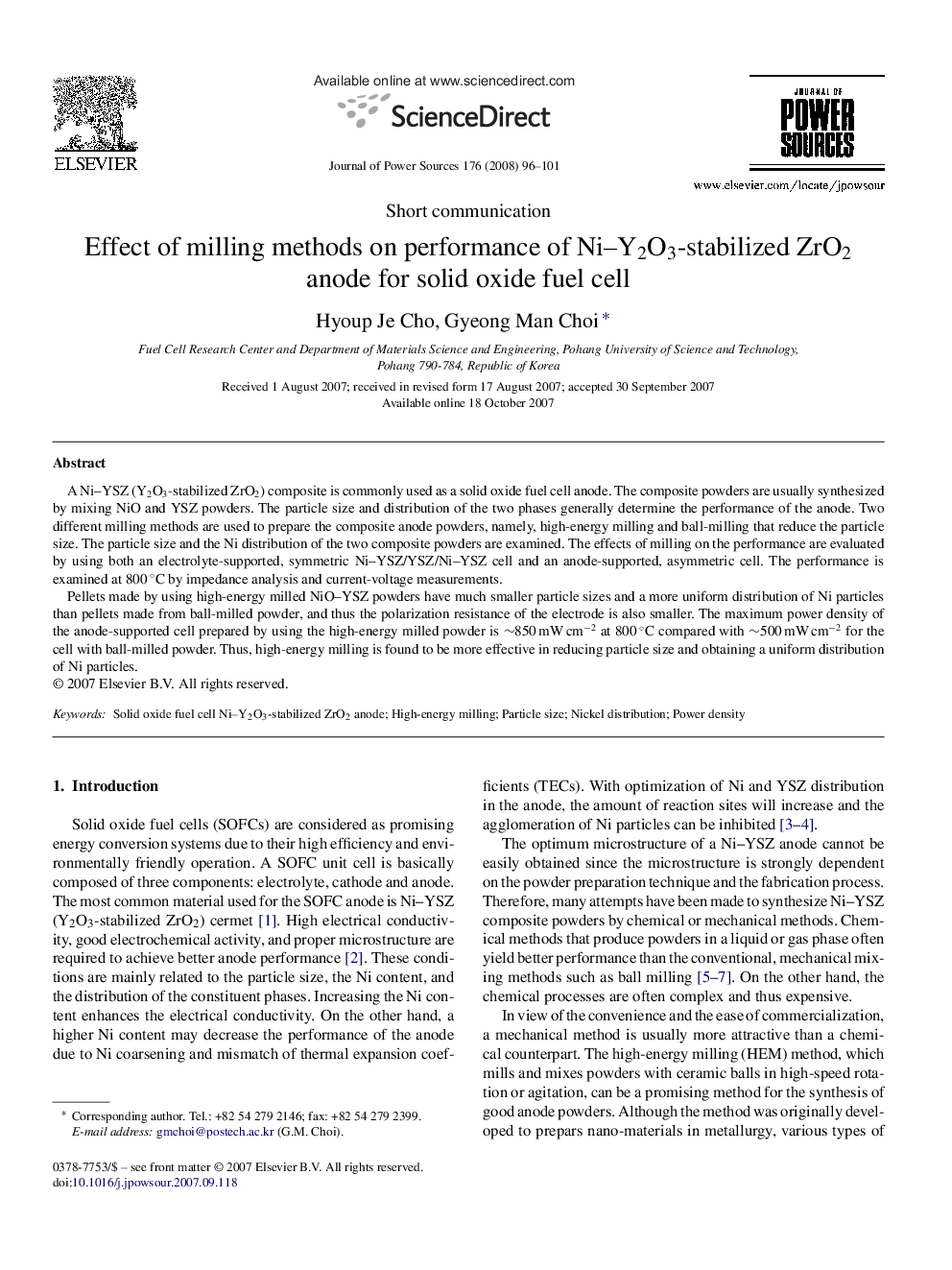 Effect of milling methods on performance of Ni–Y2O3-stabilized ZrO2 anode for solid oxide fuel cell