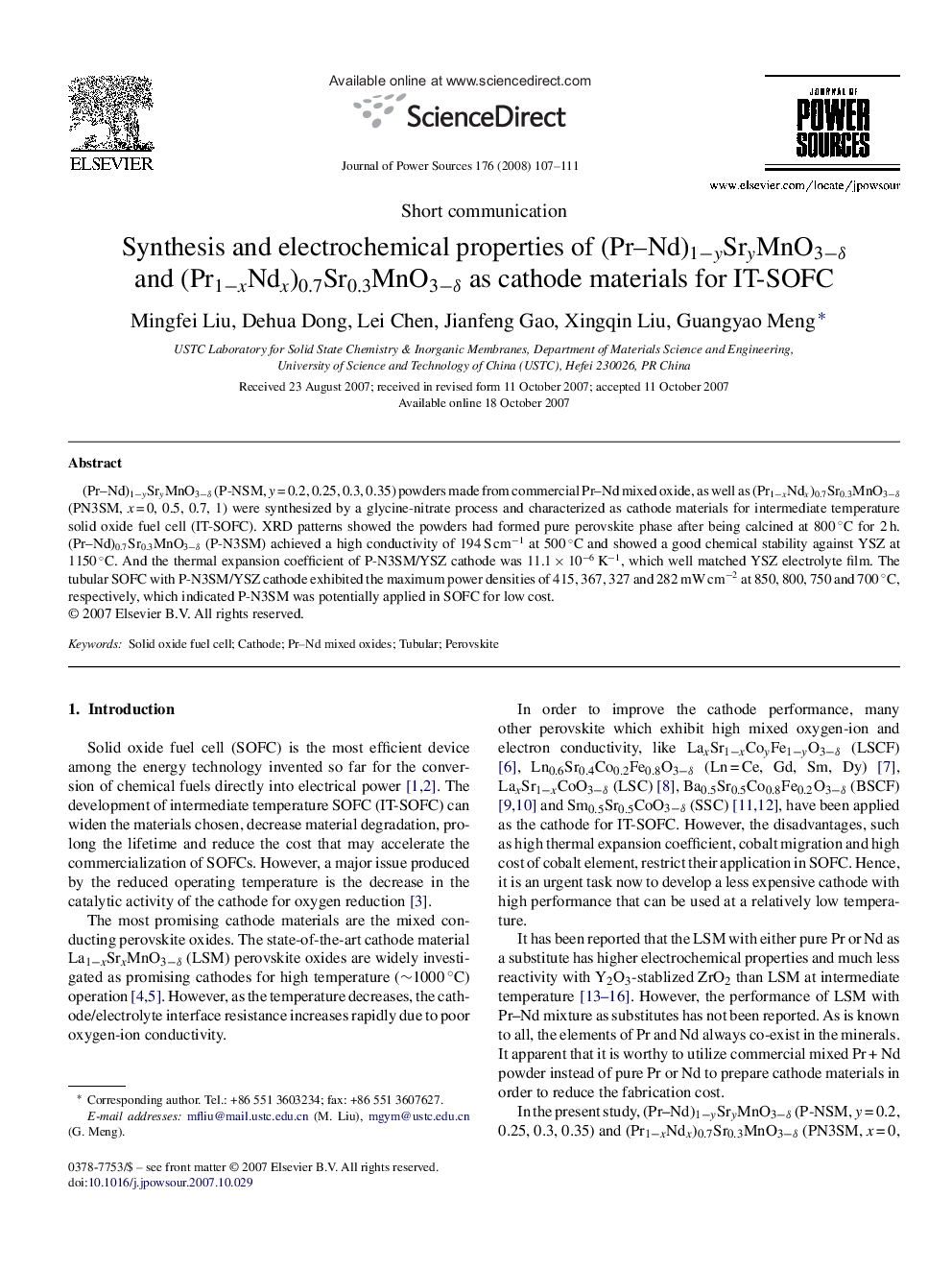 Synthesis and electrochemical properties of (Pr–Nd)1−ySryMnO3−δ and (Pr1−xNdx)0.7Sr0.3MnO3−δ as cathode materials for IT-SOFC