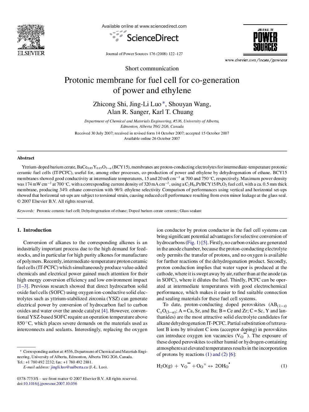 Protonic membrane for fuel cell for co-generation of power and ethylene