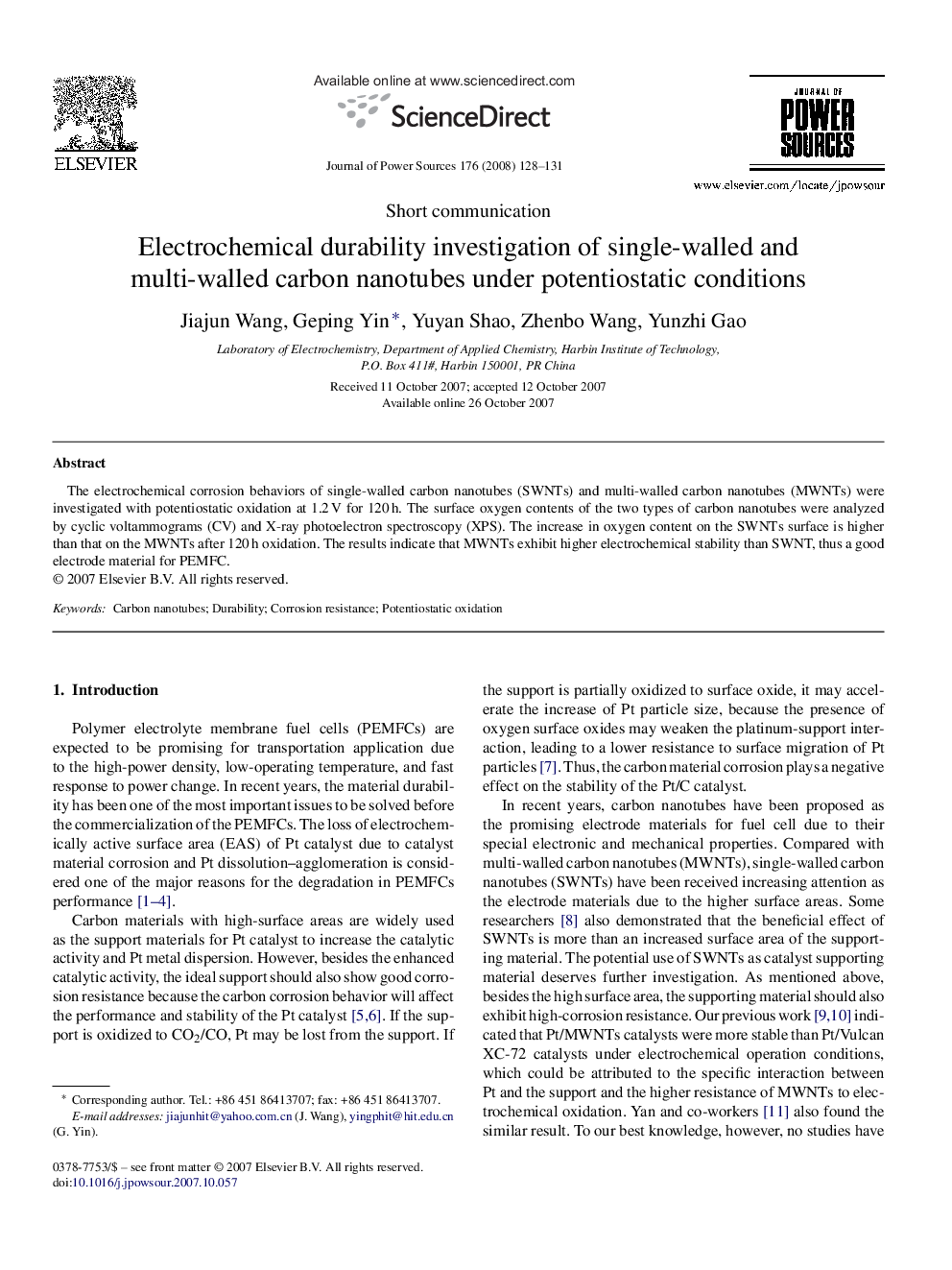 Electrochemical durability investigation of single-walled and multi-walled carbon nanotubes under potentiostatic conditions