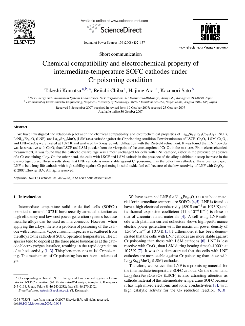 Chemical compatibility and electrochemical property of intermediate-temperature SOFC cathodes under Cr poisoning condition