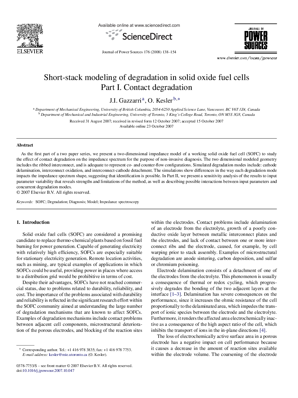 Short-stack modeling of degradation in solid oxide fuel cells: Part I. Contact degradation