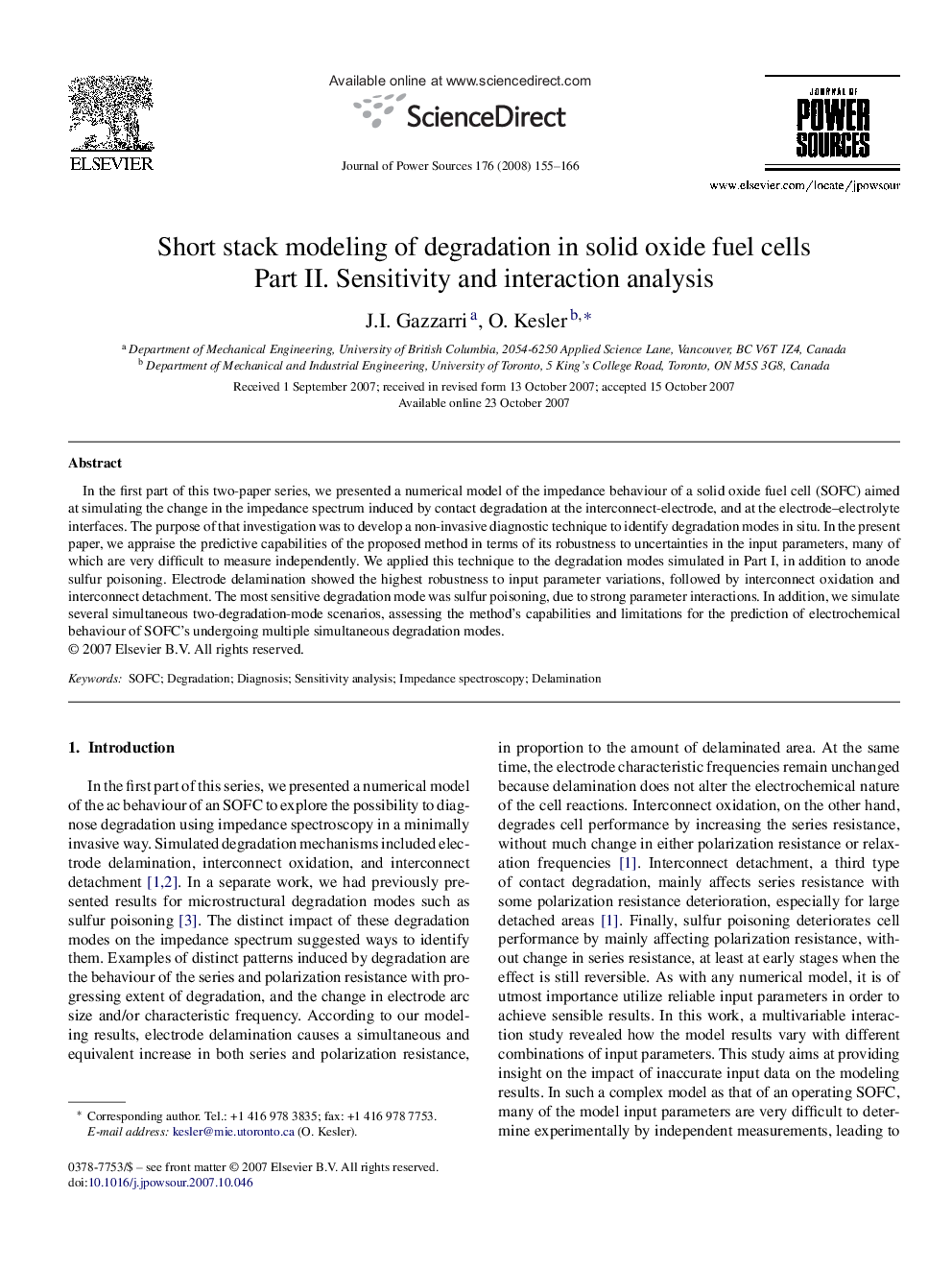 Short stack modeling of degradation in solid oxide fuel cells: Part II. Sensitivity and interaction analysis