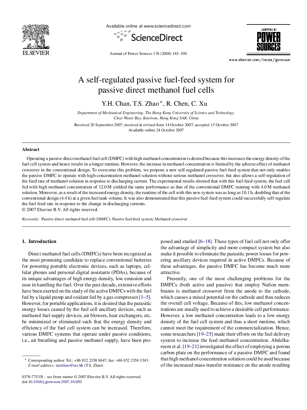 A self-regulated passive fuel-feed system for passive direct methanol fuel cells