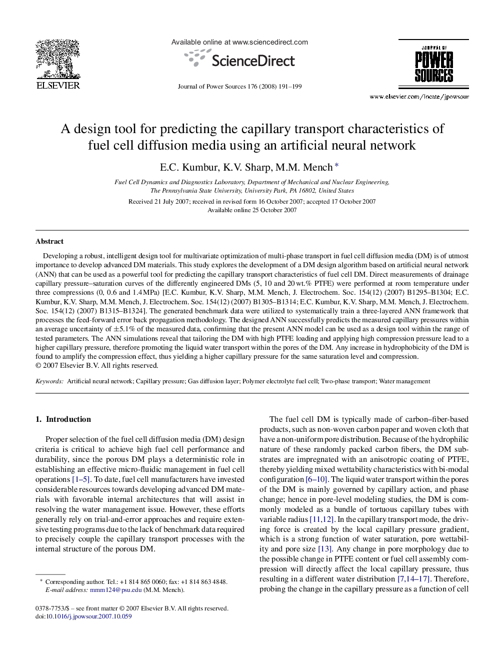 A design tool for predicting the capillary transport characteristics of fuel cell diffusion media using an artificial neural network