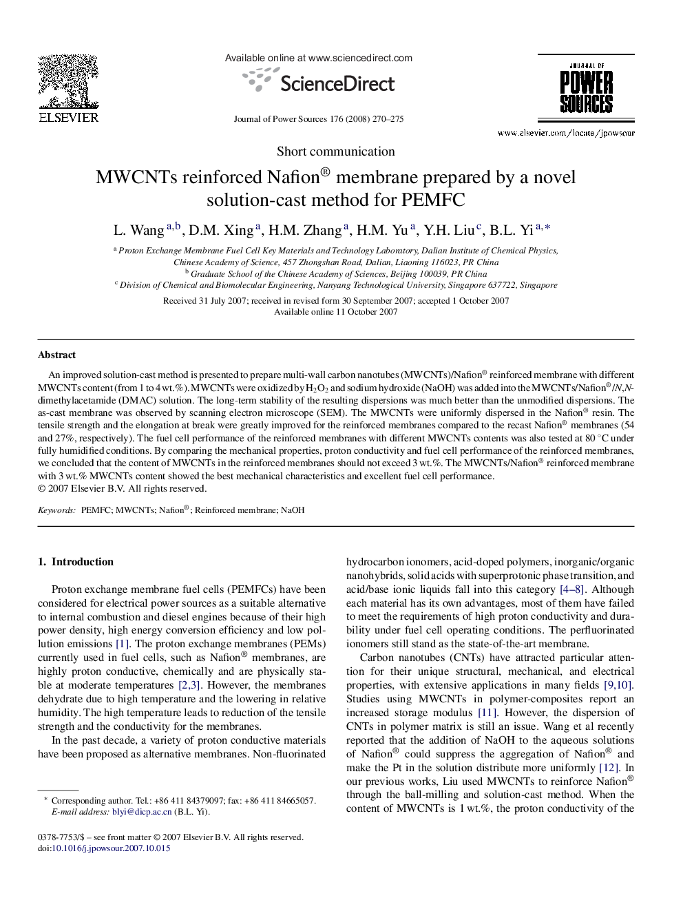 MWCNTs reinforced Nafion® membrane prepared by a novel solution-cast method for PEMFC