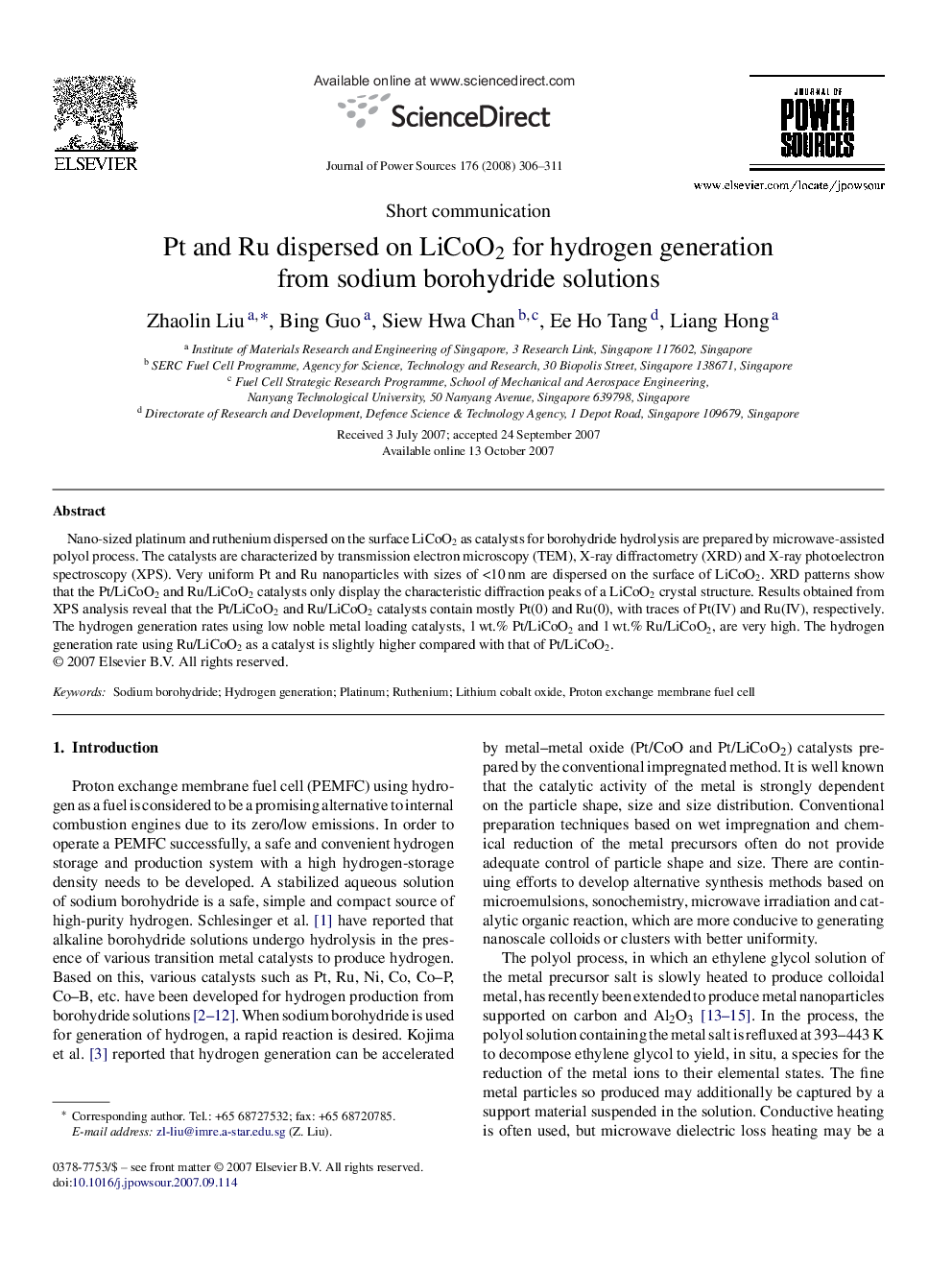 Pt and Ru dispersed on LiCoO2 for hydrogen generation from sodium borohydride solutions