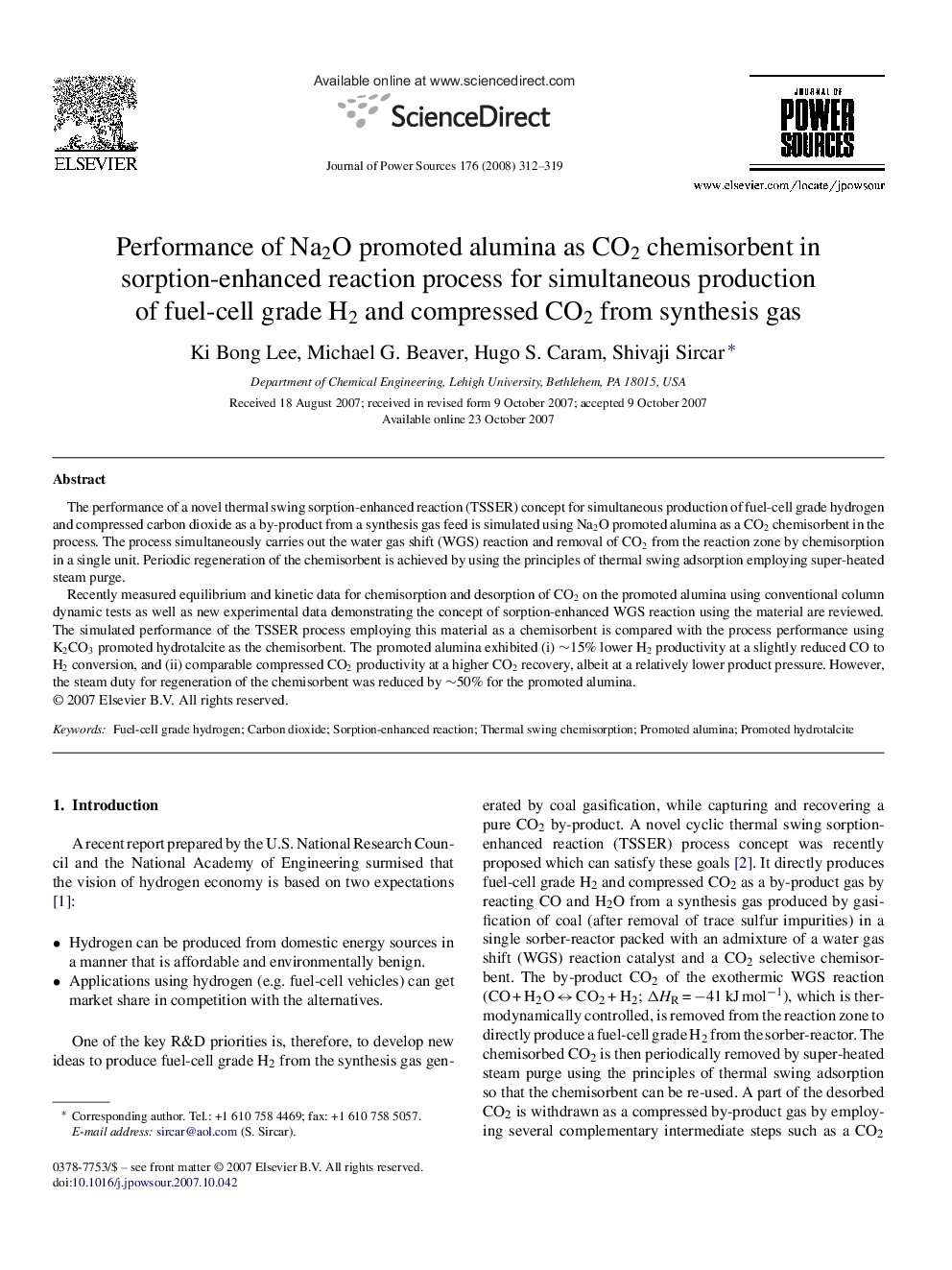 Performance of Na2O promoted alumina as CO2 chemisorbent in sorption-enhanced reaction process for simultaneous production of fuel-cell grade H2 and compressed CO2 from synthesis gas