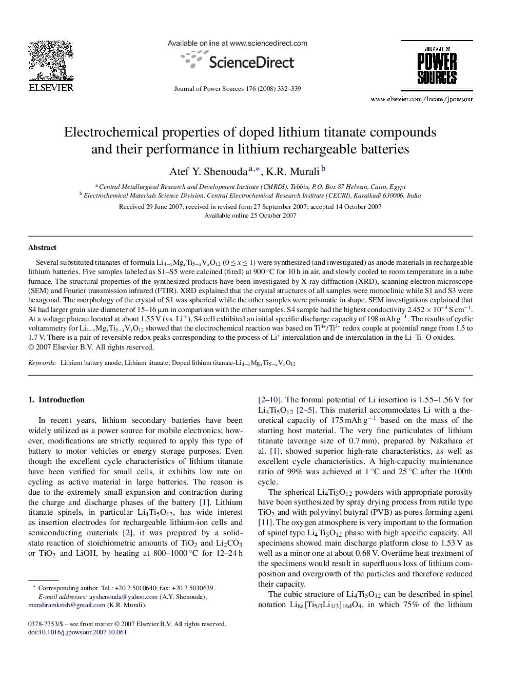 Electrochemical properties of doped lithium titanate compounds and their performance in lithium rechargeable batteries