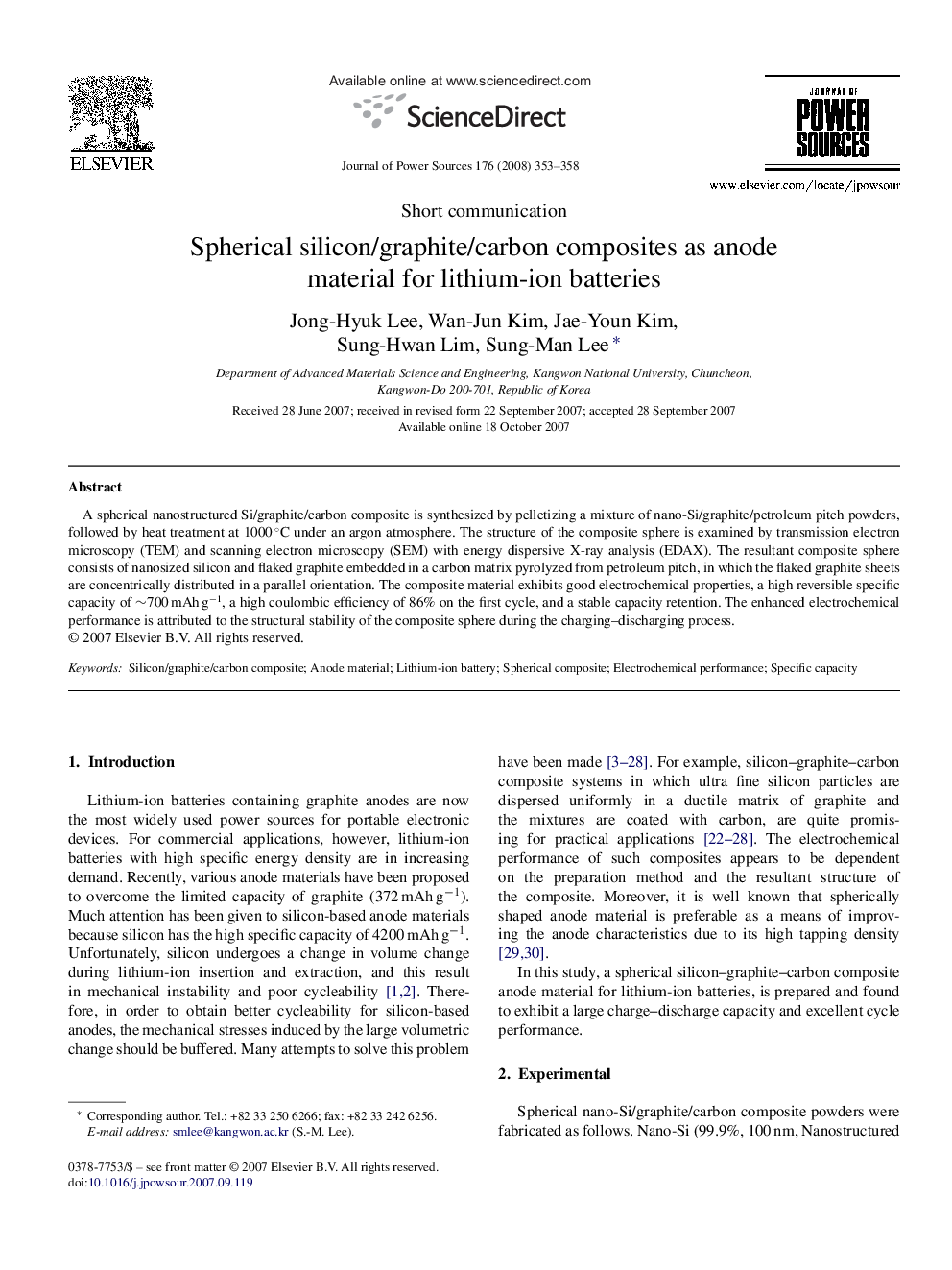 Spherical silicon/graphite/carbon composites as anode material for lithium-ion batteries