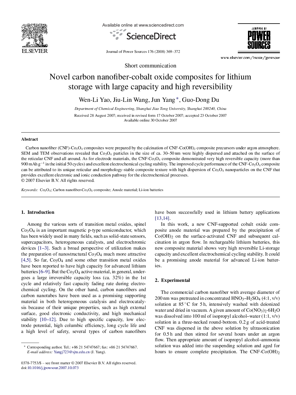 Novel carbon nanofiber-cobalt oxide composites for lithium storage with large capacity and high reversibility