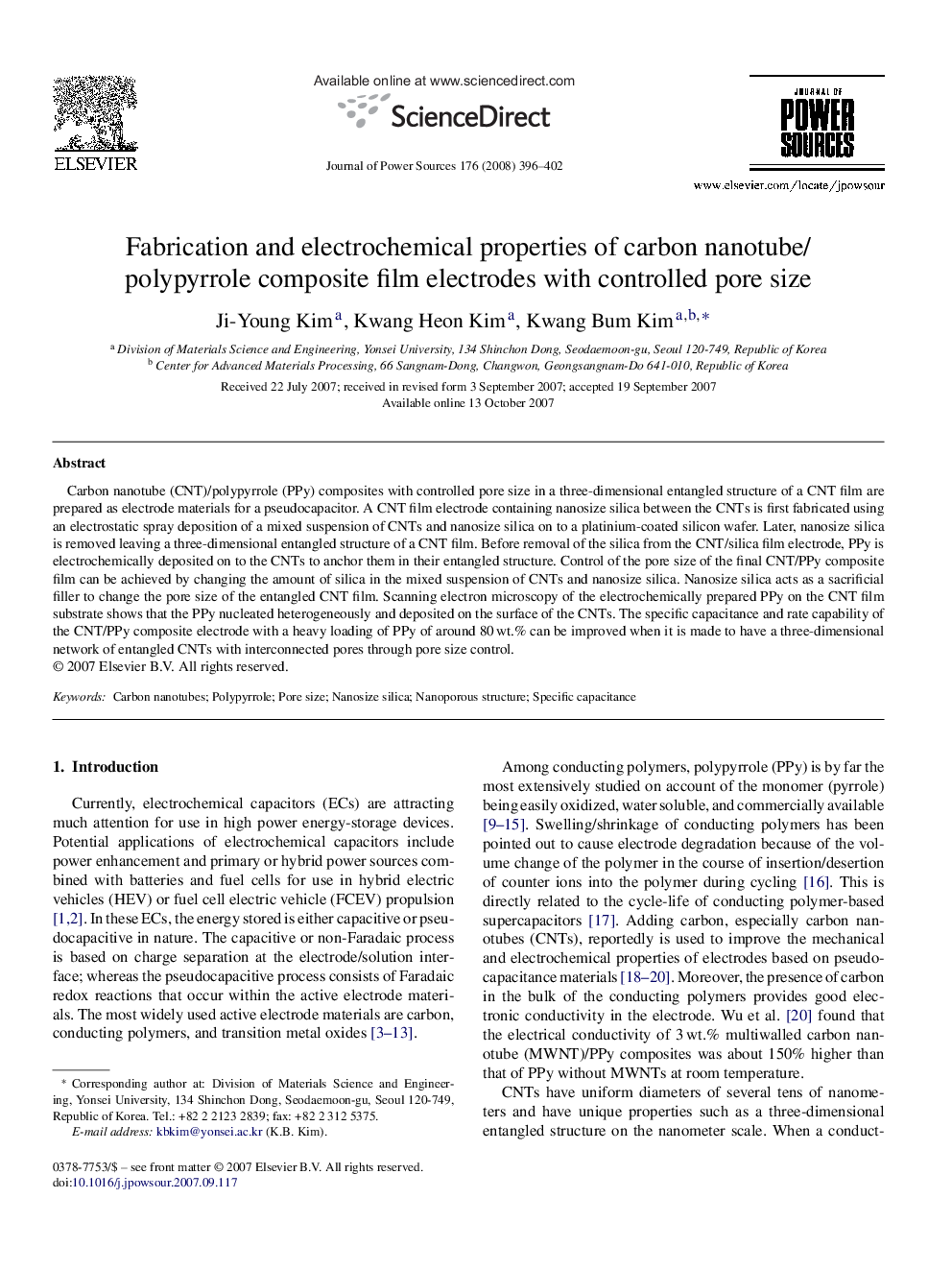 Fabrication and electrochemical properties of carbon nanotube/polypyrrole composite film electrodes with controlled pore size