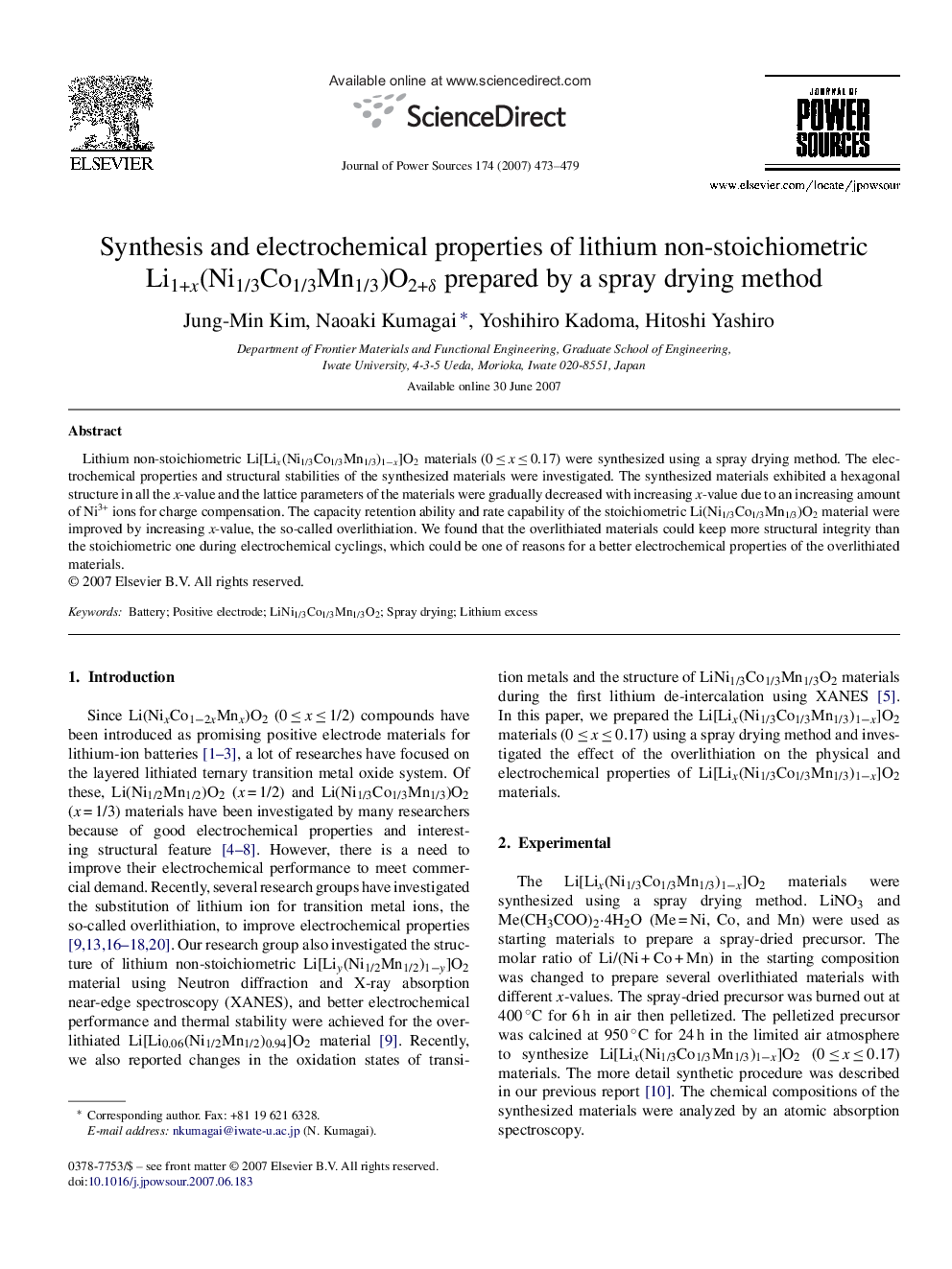 عکس صفحه اول مقاله: Synthesis and electrochemical properties of lithium non-stoichiometric Li1+x(Ni1/3Co1/3Mn1/3)O2+δ prepared by a spray drying method Synthesis and electrochemical properties of lithium non-stoichiometric Li1+x(Ni1/3Co1/3Mn1/3)O2+δ prepared by a spray drying method
