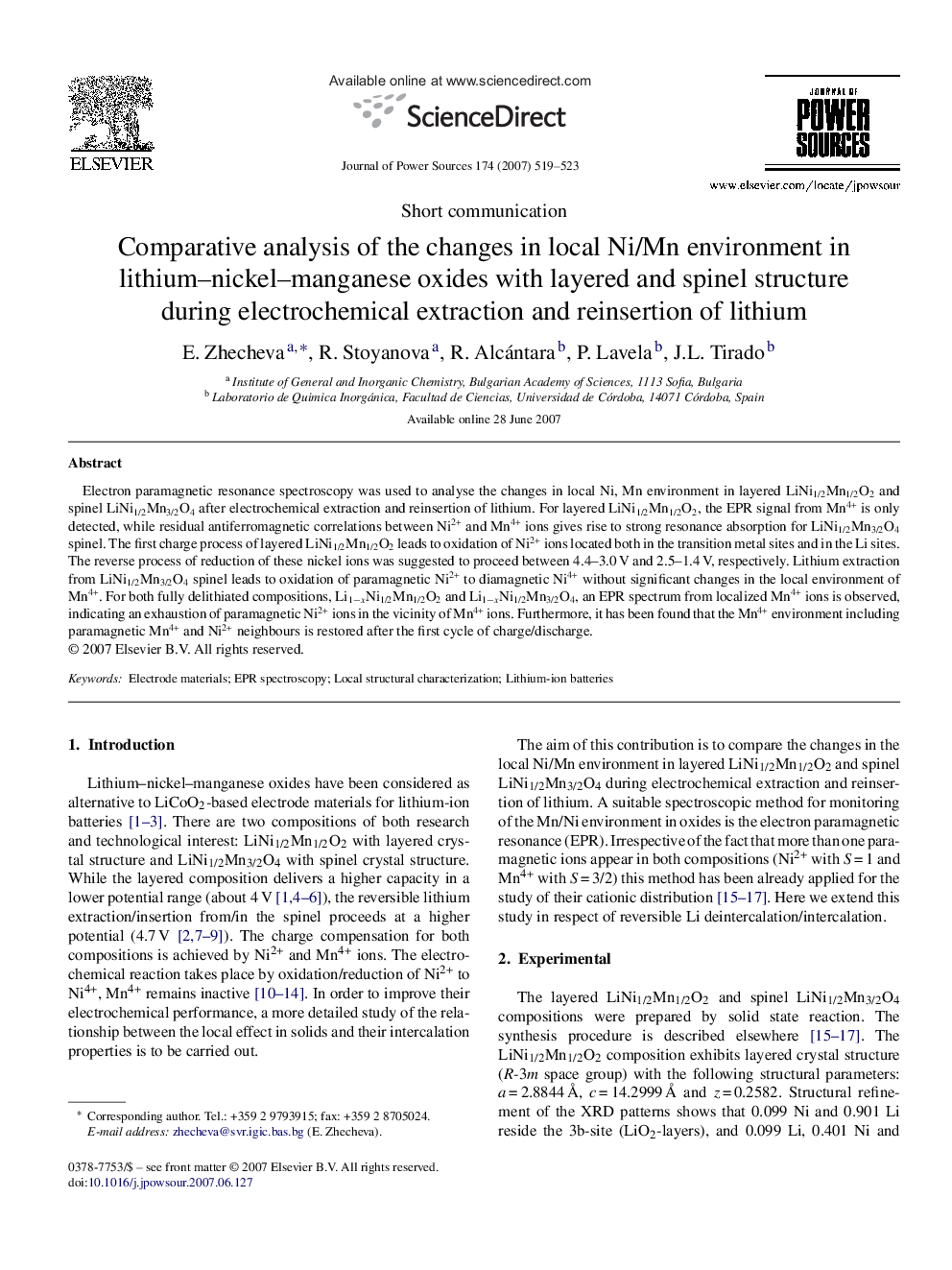 Comparative analysis of the changes in local Ni/Mn environment in lithium–nickel–manganese oxides with layered and spinel structure during electrochemical extraction and reinsertion of lithium