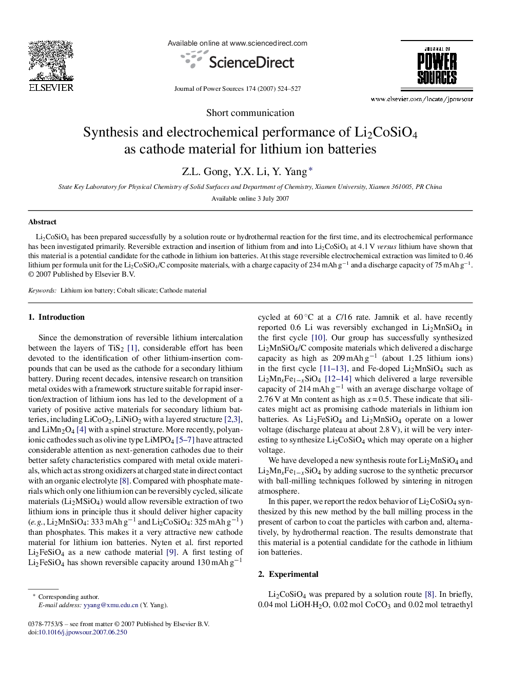 Synthesis and electrochemical performance of Li2CoSiO4 as cathode material for lithium ion batteries