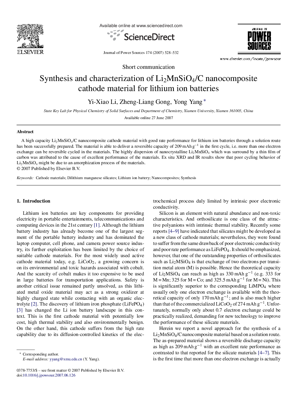 Synthesis and characterization of Li2MnSiO4/C nanocomposite cathode material for lithium ion batteries