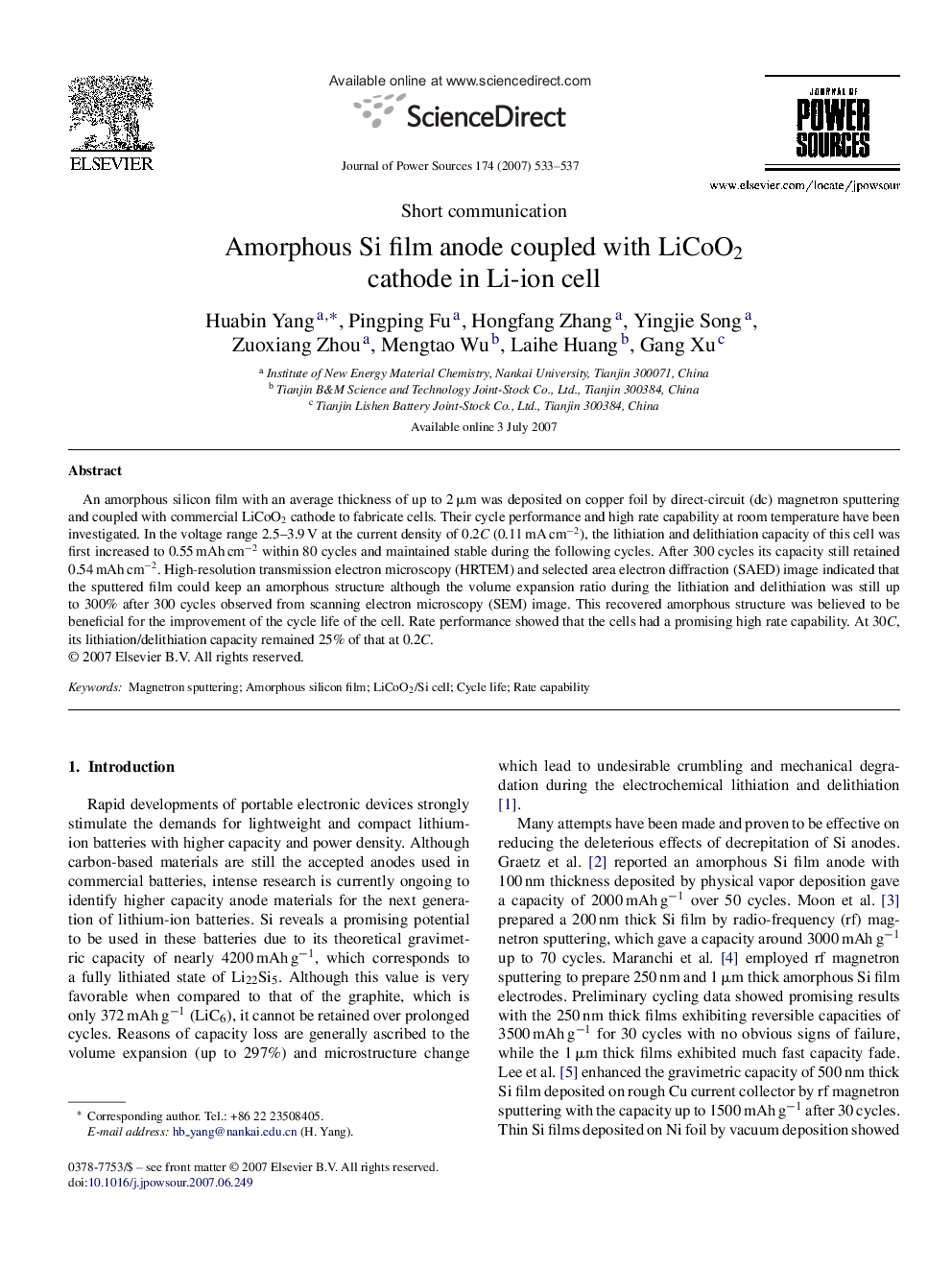 Amorphous Si film anode coupled with LiCoO2 cathode in Li-ion cell