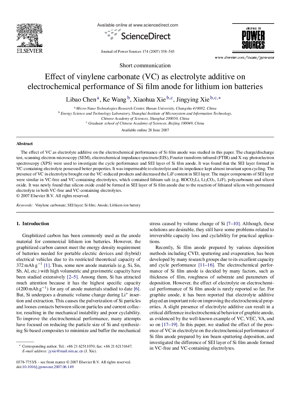 Effect of vinylene carbonate (VC) as electrolyte additive on electrochemical performance of Si film anode for lithium ion batteries