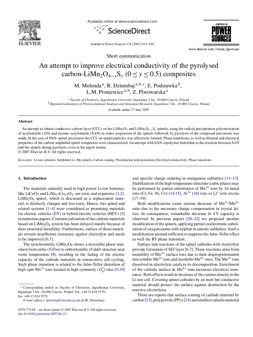 An attempt to improve electrical conductivity of the pyrolysed carbon-LiMn2O4−ySy (0 ≤ y ≤ 0.5) composites