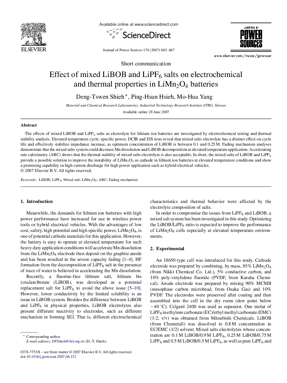 Effect of mixed LiBOB and LiPF6 salts on electrochemical and thermal properties in LiMn2O4 batteries