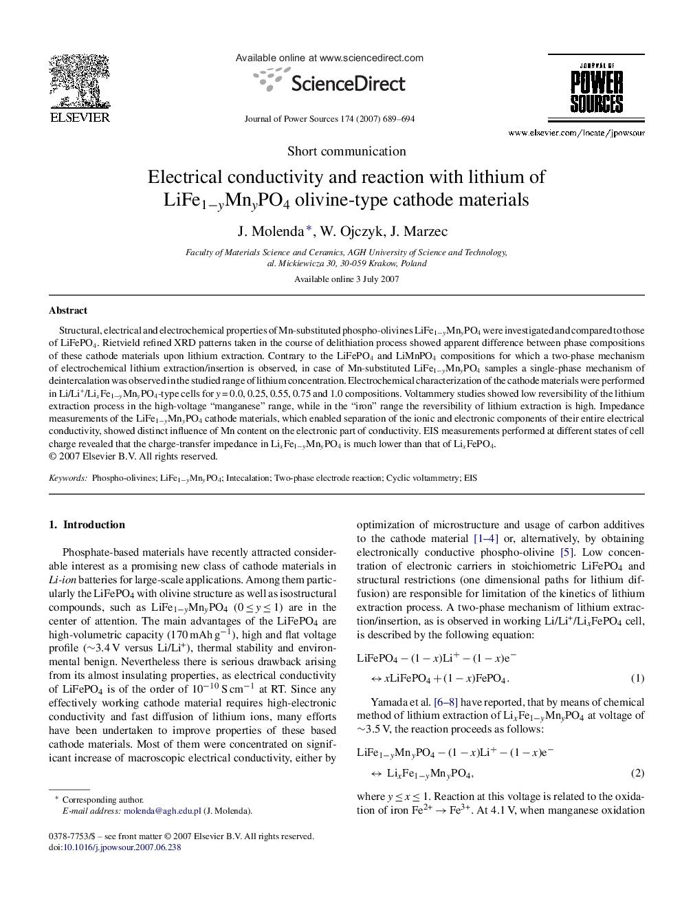 Electrical conductivity and reaction with lithium of LiFe1−yMnyPO4 olivine-type cathode materials