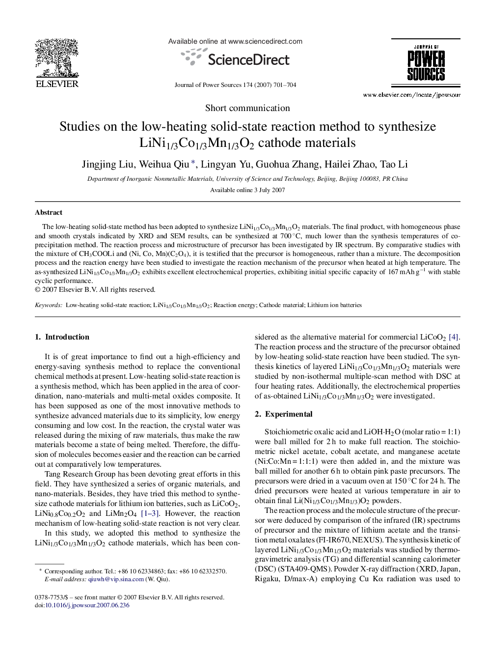 Studies on the low-heating solid-state reaction method to synthesize LiNi1/3Co1/3Mn1/3O2 cathode materials