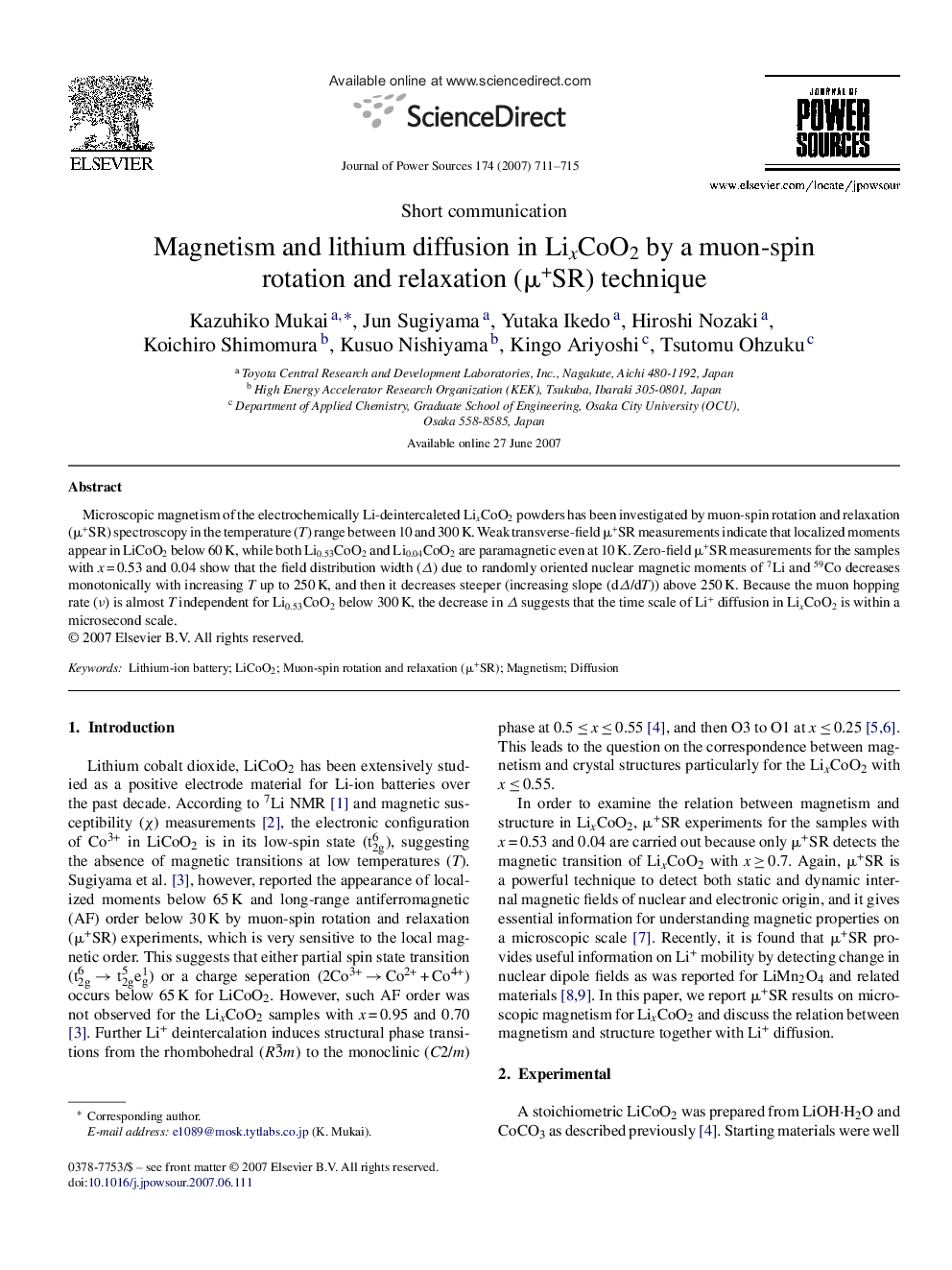 Magnetism and lithium diffusion in LixCoO2 by a muon-spin rotation and relaxation (μ+SR) technique