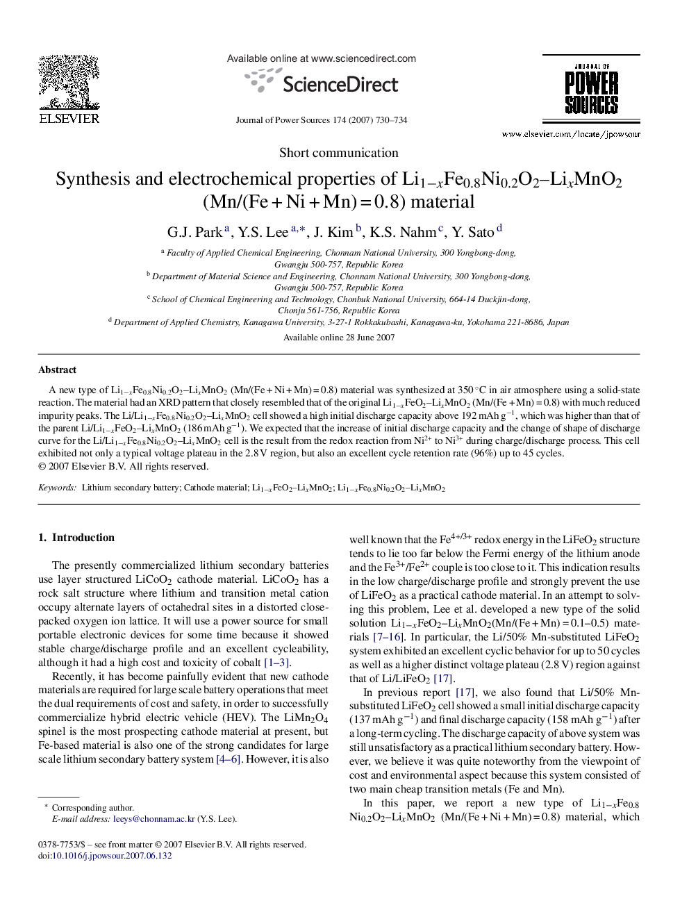عکس صفحه اول مقاله: Synthesis and electrochemical properties of Li1−xFe0.8Ni0.2O2–LixMnO2 (Mn/(Fe + Ni + Mn) = 0.8) material Synthesis and electrochemical properties of Li1−xFe0.8Ni0.2O2–LixMnO2 (Mn/(Fe + Ni + Mn) = 0.8) material