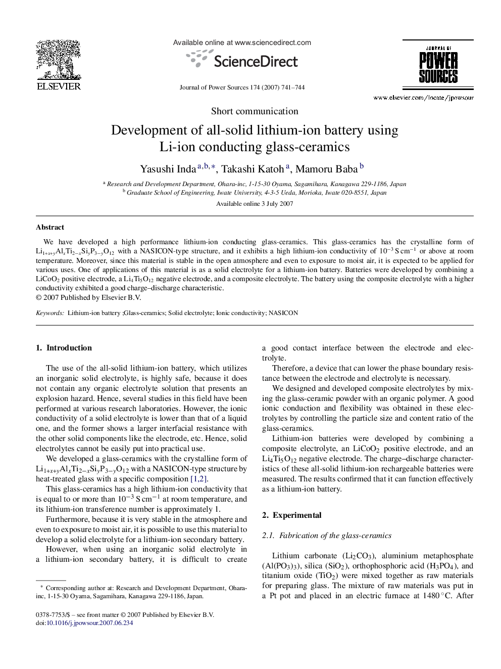 Development of all-solid lithium-ion battery using Li-ion conducting glass-ceramics