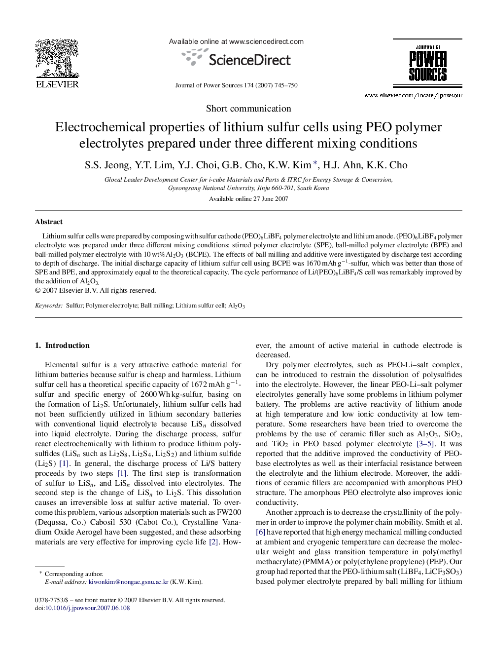 Electrochemical properties of lithium sulfur cells using PEO polymer electrolytes prepared under three different mixing conditions