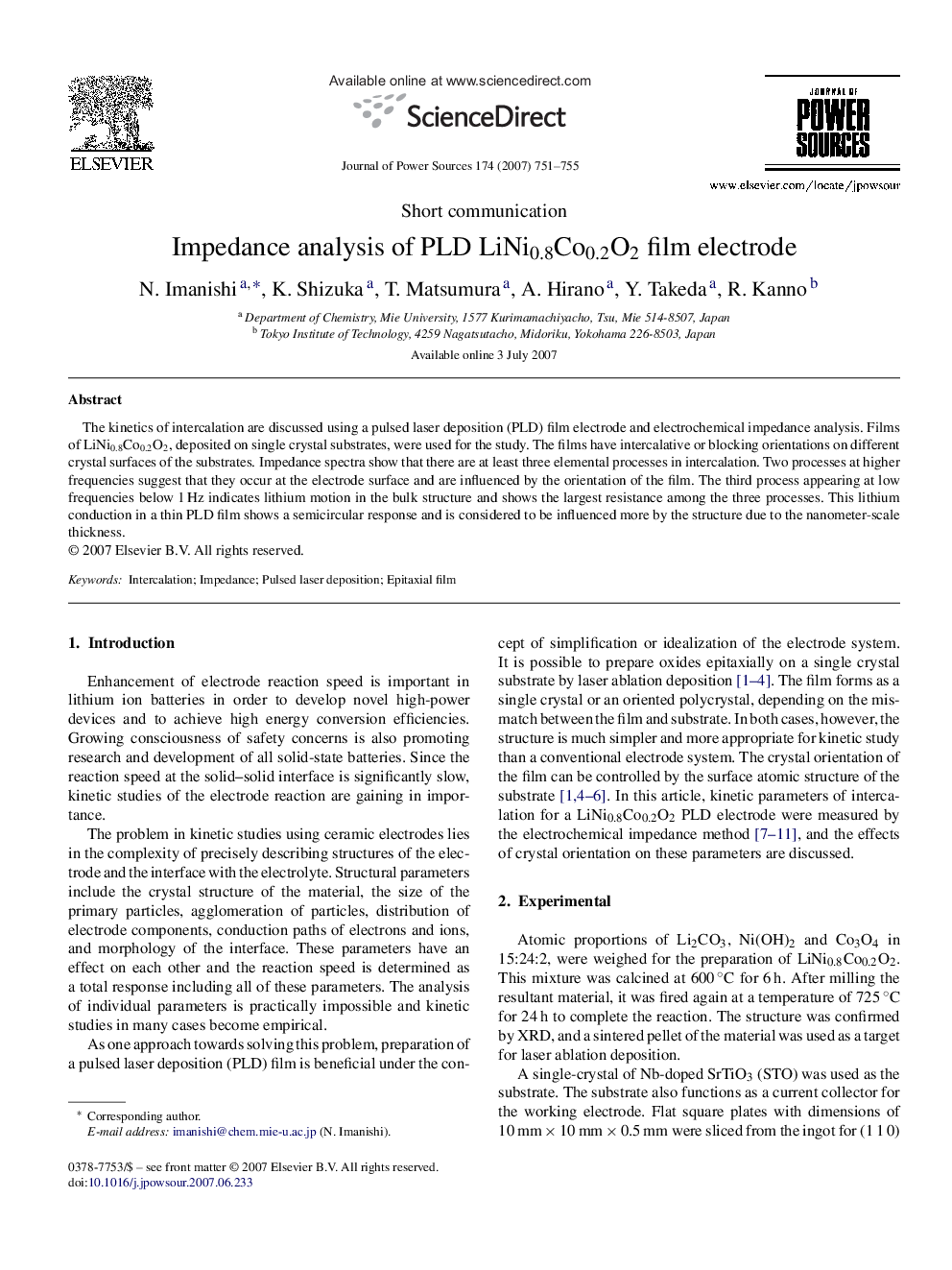 Impedance analysis of PLD LiNi0.8Co0.2O2 film electrode