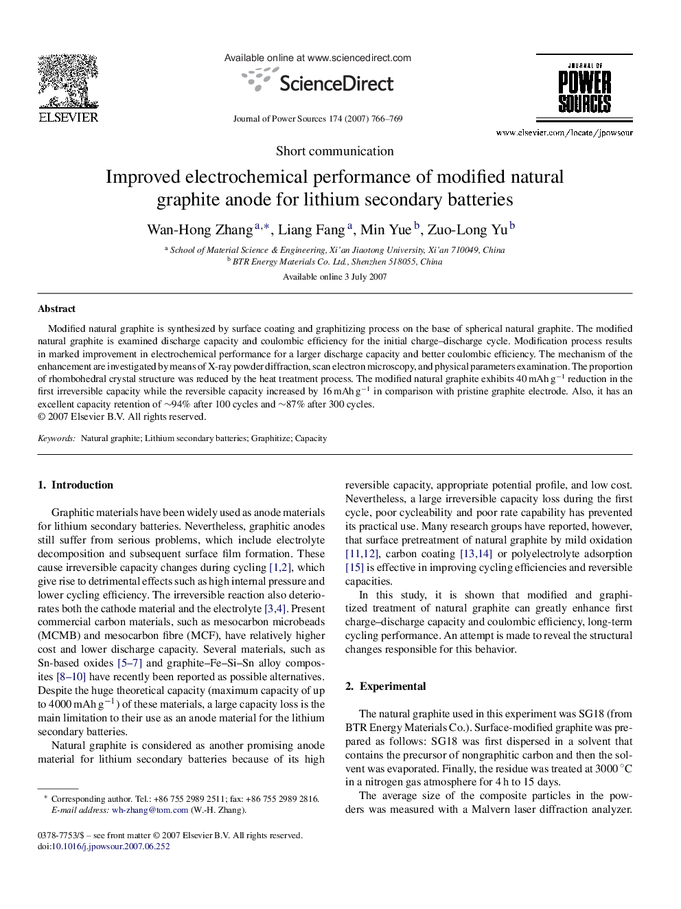 Improved electrochemical performance of modified natural graphite anode for lithium secondary batteries